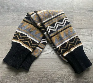 Patterned Knit Leg Warmers in Black, Tan & Gray One Size Boho thumbnail 1
