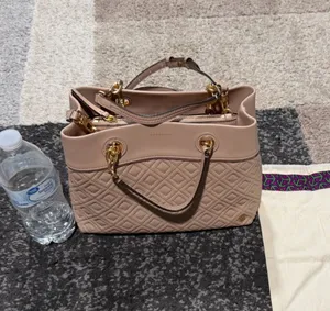 Tory Burch Quilted Taupe Tote Bag with Gold Hardware thumbnail 1