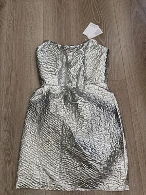 NWT & Other Stories Silver Strapless Jacquard Mini Metallic Party Dress Sz 4 thumbnail 3