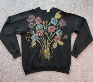 Vintage 80s Hand Painted Floral Puffy Paint Sweatshirt XL Black Made in USA thumbnail 1