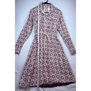 Womens Geometric Diamond Print Long Sleeve Button Down Midi Shirt Dress Burgundy thumbnail 8