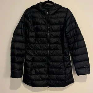 Eddie Bauer Puffer Jacket Black EB650 Hooded Down Parka Women Small thumbnail 1