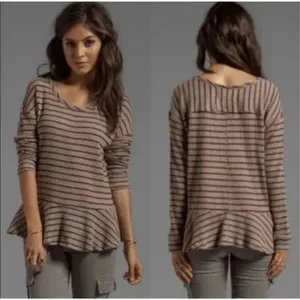 Free People Women's Striped Fringe Neck Thermal Peplum Top Brown Black‎ Size XS thumbnail 2