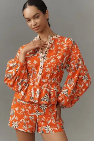 Farm Rio Anthropologie Long Sleeve Romper Red Orange Floral Cotton $228 NWT thumbnail 1