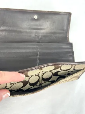 Coach Signature Canvas Khaki Jacquard Brown Leather Trifold Snap Closure Wallet thumbnail 3