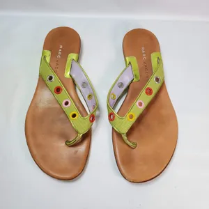 Marc Jacobs Flip Flop Sandals Women 6.5 Lime Green Tan Grommet Eyelet Flat Italy thumbnail 2