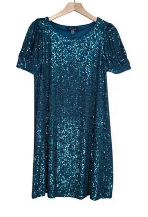 Cable & Gauge Womens M Short Sleeve Sequin Lined Mini Dress in Green NEW thumbnail 1