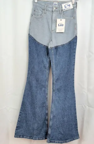 New Kacey Lee Denim Two Tone Flared High Rise Jeans 0 thumbnail 1