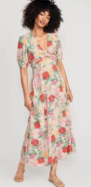 Old Navy Fit & Flare Floral Linen-Blend Twist-Front Maxi Dress Puff Sleeve Sz XL thumbnail 1