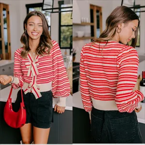 Entro Bow Sweater Top Size Small NWT Stripe Pointelle Knit Whimsical Feminine thumbnail 2