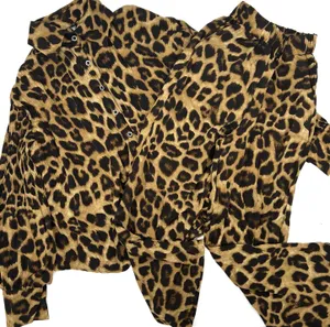 Two Pieces Leopard Set Animal Print Loose High Waisted Pants Flare Loose shirt trousers thumbnail 1