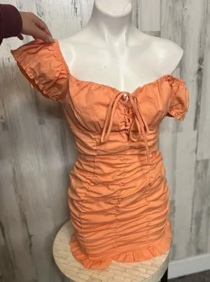 Haute Monde Pastel Orange Ruched Off the Shoulder Lace Up Milkmaid Mini Dress S thumbnail 1