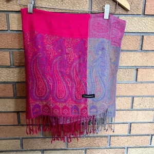 Cashmere Boho Pink Paisley Printed Scarf Wrap Shawl Fringe 70x23” READ thumbnail 2