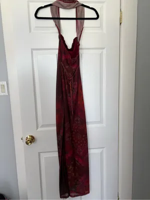CIDER Red Paisley Mesh Halter Maxi Dress XS Y2K thumbnail 6