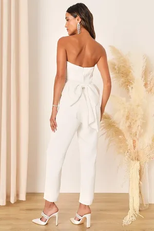 NWT Lulus Beloved Bliss Ivory Strapless Slim Leg Bow Jumpsuit Party Classy Sz S thumbnail 2