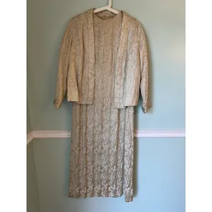 VTG. 1950's Gold CUSTOM MADE - Brocade‎ shift Dress And Jacket Medium thumbnail 2