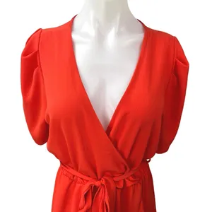 Aqua Women's Orange V-Neck Short Puff Sleeve Ruffle Belted Tie Mini Wrap Dress M thumbnail 3
