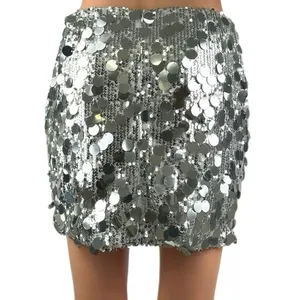 Women's Silver Sequin Sparkly High Waist Zip Mini Bodycon Pencil Skirt Size M thumbnail 3