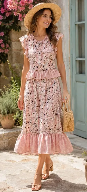 Ellison Pink Floral Polka Dot Mixed Print Ruffle Tiered Midi Dress Size L thumbnail 1