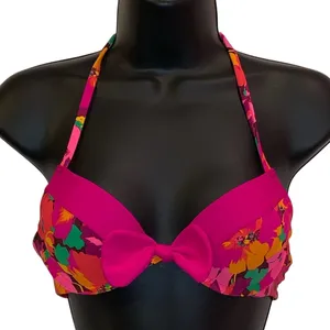 Pink Floral Bikini‎ Top S/M Push Up Underwire Bow Halter Y2K Retro Swimwear thumbnail 1