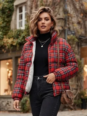 Red Plaid Puffer Jacket for Women, Quilted Zip-Up Coat thumbnail 1