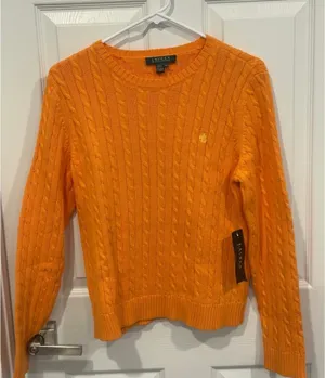NWT Vtg Lauren Ralph Lauren Ladies Orange Crewneck Cable Knit Sweater Size Med thumbnail 1