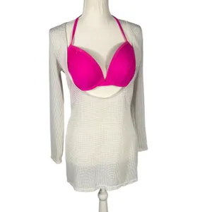 Mesh Swim Cover Up Womens Large Cream Deep Scoop Open Back Beach Dress thumbnail 5