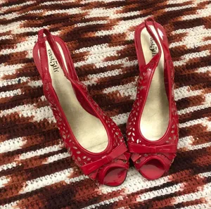 Y2K Coquette Whimsygoth Romantic Goth Vampy Fairy Red Pointelle Cut out Kitten Slingback Heels Pumps Bow Faux Leather Open peep toe-Size 6.5M thumbnail 1