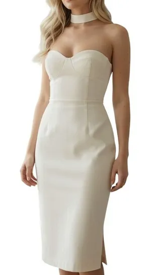 4SI3NNA Midi Dress‎ Womens S Cream Choker Neck Strapless Sweetheart Bodycon Slit thumbnail 1