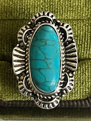 Vintage/Boho Design Blue Turquoise Stainless Steel Silver Statement Ring Size 6 thumbnail 1