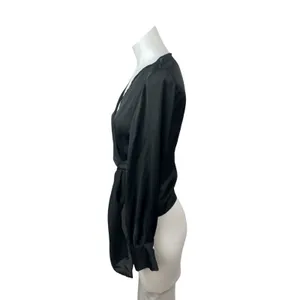 Zara Women's Black Silky Satin Sheer V Neck Long Sleeve Crop Wrap Blouse Top XS thumbnail 3