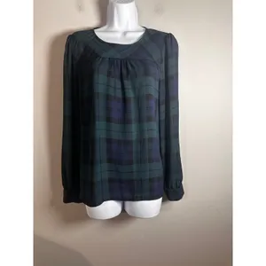 J.Crew Womens Black Watch Plaid Pleated Long Sleeve Blouse Green‎ Navy Blue M thumbnail 2