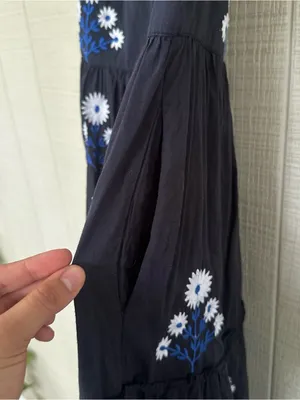 Madison Matthews Navy floral Maxi tiered long Dress short puff sleeves size XS thumbnail 4