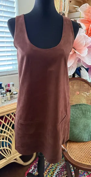 Zara Brown Vegan Suede Sleeveless Earthy Boho Hippie Pocahontas Mini Dress thumbnail 1