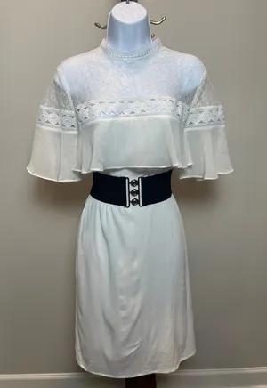 Express Dress Cream Lace Mock Neck Ruffle Feminine Size L thumbnail 1
