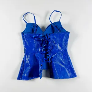 Akira Faux Vegan Leather Croc Embossed Lace Up Bustier Corset Tank Top Blue S thumbnail 3