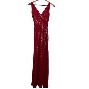 Halston Heritage Whitney Red Sequin Plunge Maxi Gown Size 4 thumbnail 2