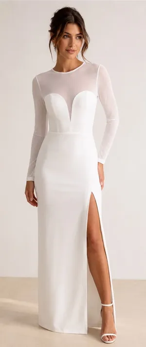 Lulu's White Long-Sleeve Sheer Yoke Gown with High Slit thumbnail 1