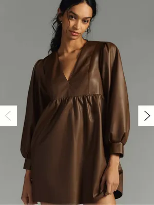 Anthropologie Deep-V Faux Leather Babydoll Dress Size XL thumbnail 6