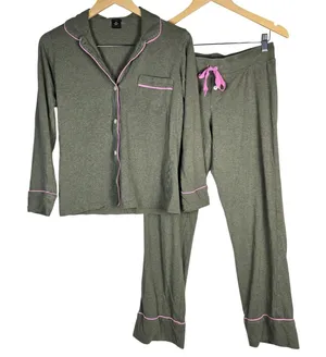 J. Crew Dreamy long-sleeve cotton pajama set XS Olive Green Pink Piping AC318 thumbnail 1