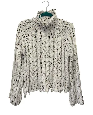 Almost Famous Cable Knit Cropped‎ Mockneck Sweater Large Confetti Distressed Hem thumbnail 1