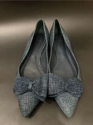 TORY BURCH Rosalind Navy Blue Denim Print Textured Suede Ballet Flats Size 8M thumbnail 3