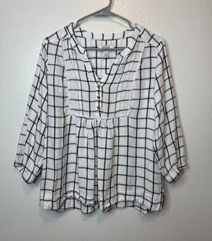 Wrangler Black and White Plaid Babydoll Blouse 3/4 Sleeve V-Neck Size Medium thumbnail 1