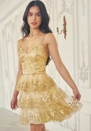 Stacees Shine in this elegant gold lace dress, perfect for any special occasion. The intricate lace detailing adds a touch of sophistication. thumbnail 1