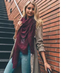 New❣️Burgundy Scarf with Frayed Edge thumbnail 2