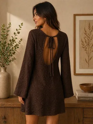 SheIn Brown Textured Long-Sleeve A-Line Dress thumbnail 2