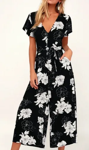 Lulus North Pacific‎ Black White Floral Cropped Wide Leg Pockets Jumpsuit SMALL thumbnail 1