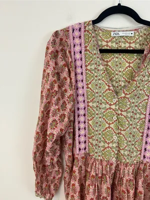 Zara Pink Floral Boho Midi Dress with Lavender Crochet Trim Midi Length Small thumbnail 2