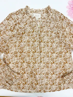 Cleobella Reza Blouse Peasant Tamil Block Print Floral Cotton Boho Brown Ivory thumbnail 6