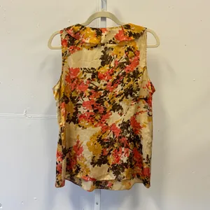 Y2K Anne Klein Floral Ruffle V-Neck Sleeveless Blouse Orange Yellow Womens Large thumbnail 2